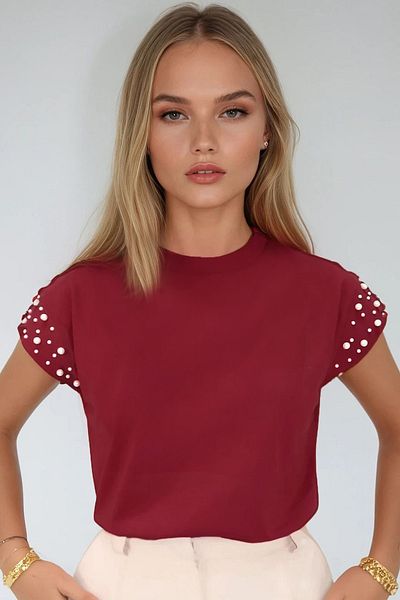 Trend Alaçatı Stili Women's Burgundy Crew Neck Pearl Studded Sleeveless Blouse Alc-X13522