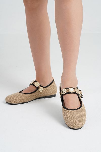 Beyond Women's Beige Wicker Coin Buckle Ballerinas Byndpt01