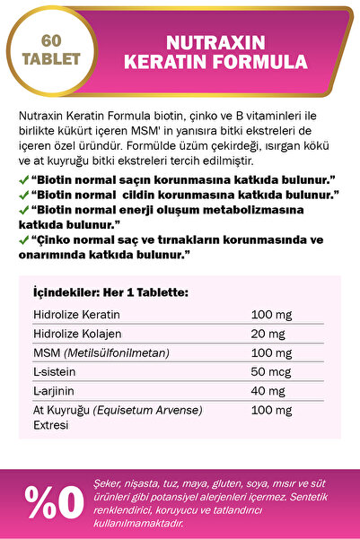 Nutraxin Keratin Formula Hair Nails Skin Takviye Edici Gıda 60 Tablet