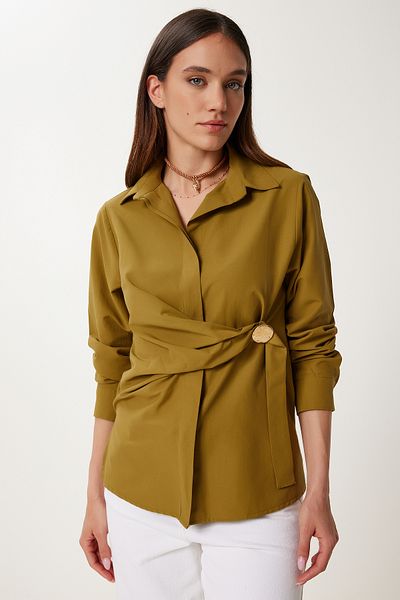 Happiness İstanbul Women's Olive Green Gold Appliqued Poplin Shirt Us00975