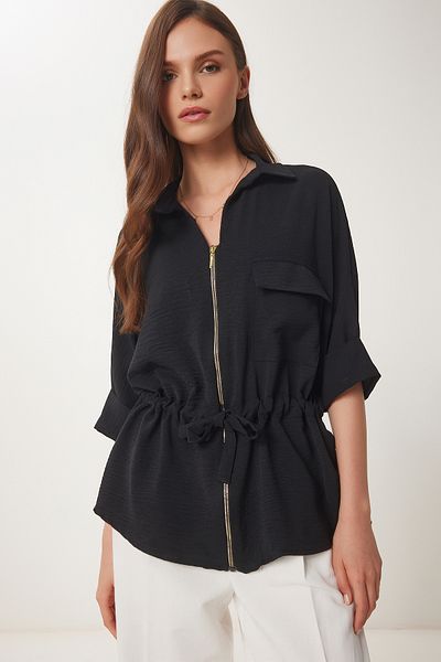 Happiness İstanbul Women's Black Drawstring Zippered Crinkle Jacket Dd01349