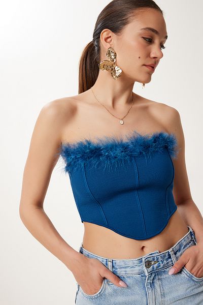Happiness İstanbul Women's Navy Blue Feather Detailed Flexible Crop Bustier Ns00428
