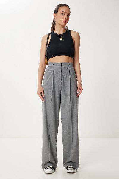 Happiness İstanbul Women's Gray Pleated Pocket Woven Palazzo Trousers Us00978