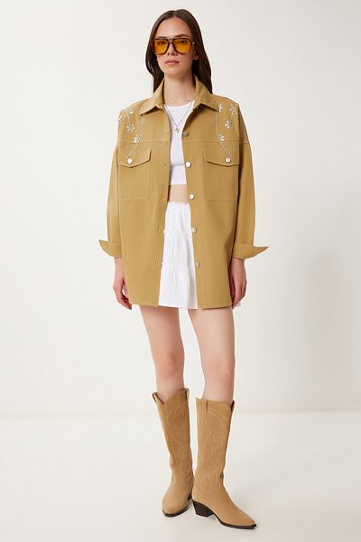 Happiness İstanbul Women's Olive Green Stone Oversize Gabardine Shirt Jacket Sa00040