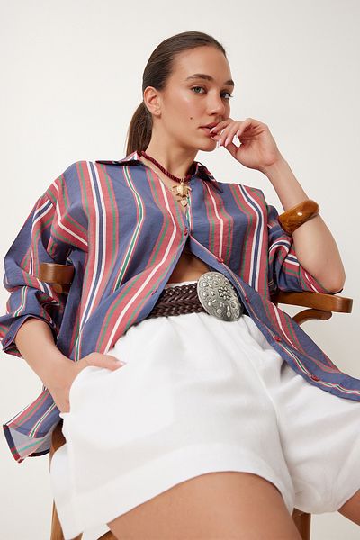 Happiness İstanbul Women's Navy Blue Claret Red Striped Flowy Crinkle Shirt Dp00246