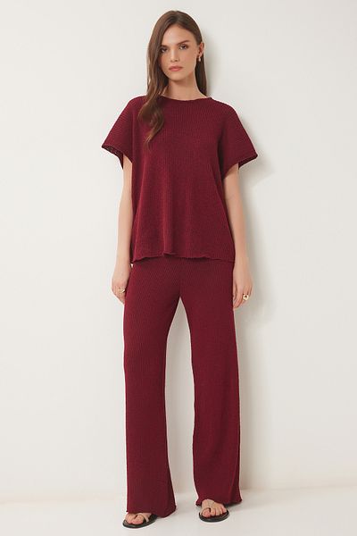 Happiness İstanbul Burgunderroter Strickanzug für Damen mit Bluse und Hose DP00240