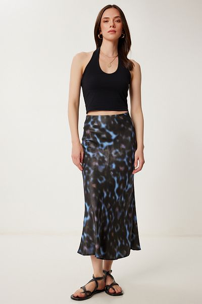 Happiness İstanbul Women's Black Blue Patterned Satin Midi Skirt Us00995