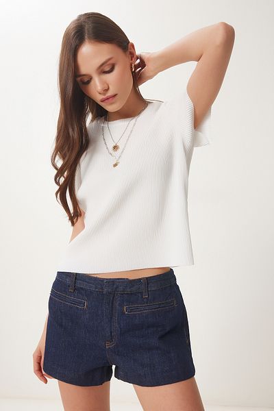 Happiness İstanbul Weiße Basic-Strickbluse für Damen HF00468