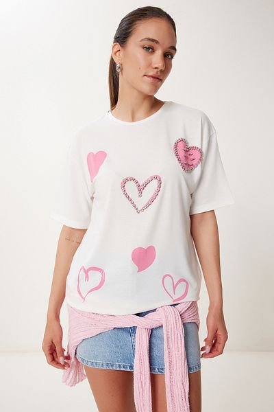 Happiness İstanbul Women's Ecru Pearl and Bead Detailed Printed Knitted T-Shirt Pb00029