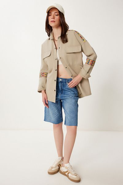 Happiness İstanbul Women's Beige Ethnic Embroidered Oversize Gabardine Shirt Jacket Sa00039