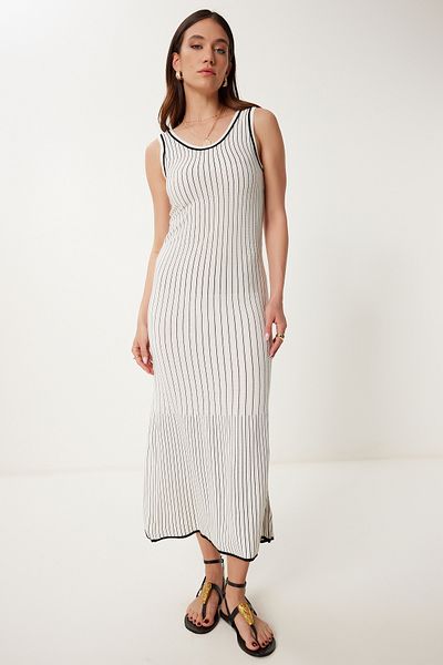 Happiness İstanbul Damen-Knochen-schwarz gestreiftes, transparentes Sommer-Viskose-Kleid US00976
