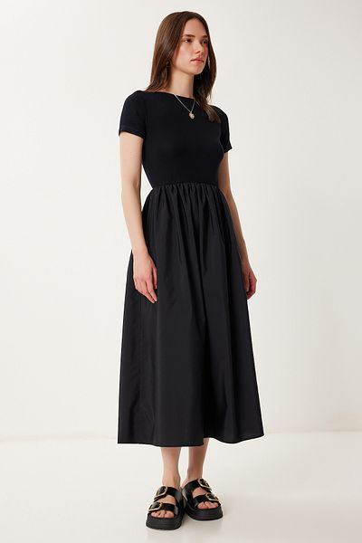 Happiness İstanbul Women's Black Knitted Top Poplin Skirt Summer Dress Zv00305