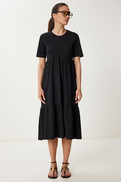 Happiness İstanbul Women's Black Oversize Flounce Summer Knitted Dress Cr00475