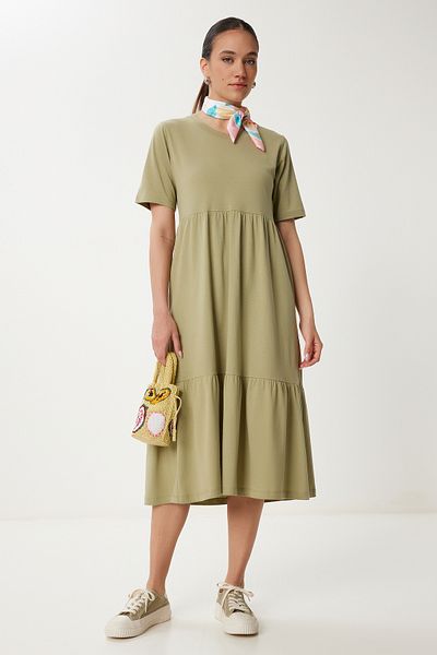 Happiness İstanbul Women's Khaki Oversize Flounce Summer Knitted Dress Cr00475