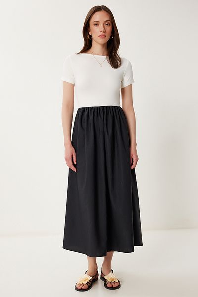Happiness İstanbul Women's Ecru Black Knitted Top Poplin Skirt Summer Dress Zv00305
