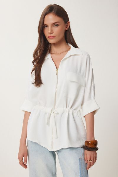 Happiness İstanbul Women's Bone Gathered Zippered Crinkle Jacket Dd01349