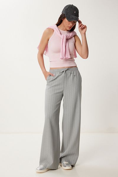 Happiness İstanbul Women's Gray Striped Wide Leg Summer Pants Rg00061