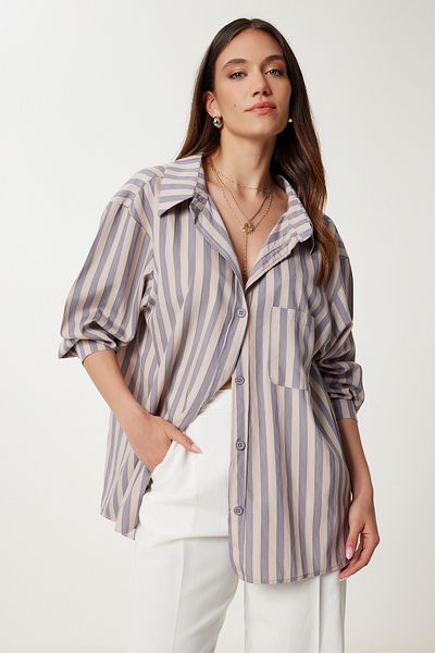Happiness İstanbul Women's Gray Striped Flowy Viscose Shirt Us00966
