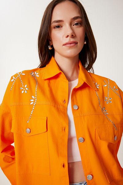 Happiness İstanbul Women's Orange Stone Oversize Gabardine Shirt Jacket Sa00040