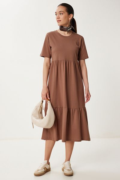 Happiness İstanbul Women's Brown Oversize Flounce Summer Knitted Dress Cr00475