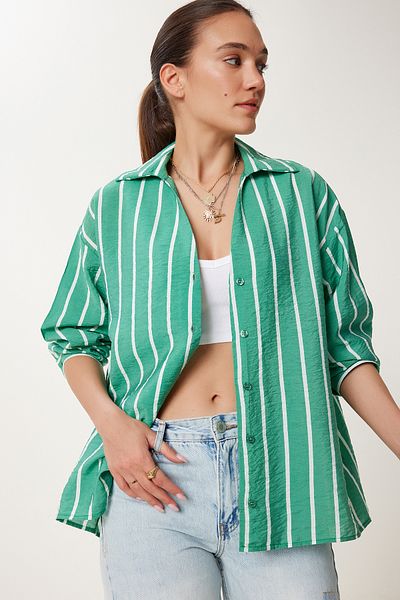 Happiness İstanbul Women's Green Striped Flowy Crinkle Shirt Dp00246