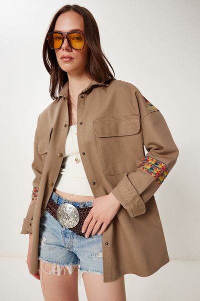 Happiness İstanbul Women's Light Brown Ethnic Embroidered Oversize Gabardine Shirt Jacket Sa00039