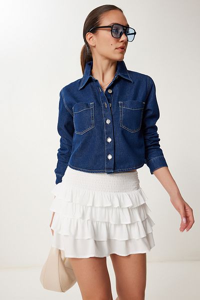 Happiness İstanbul Women's Dark Blue Denim Jacket with Pocket Detail Sa00038