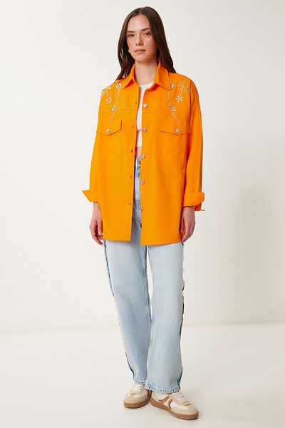 Happiness İstanbul Women's Orange Stone Oversize Gabardine Shirt Jacket Sa00040