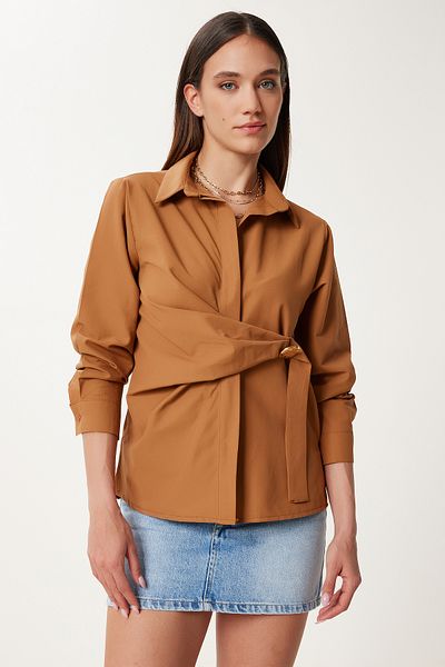 Happiness İstanbul Women's Tan Gold Appliqued Poplin Shirt Us00975