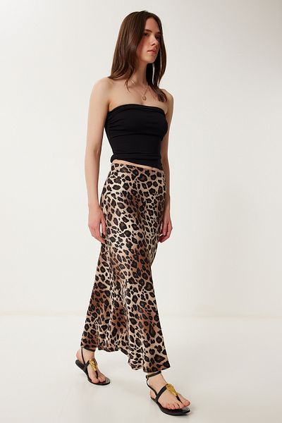 Happiness İstanbul Women's Brown Beige Patterned Satin Midi Skirt Us00995
