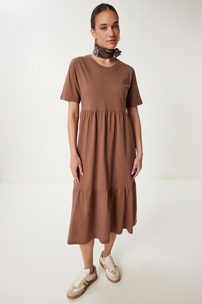 Happiness İstanbul Women's Brown Oversize Flounce Summer Knitted Dress Cr00475