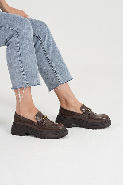 Beyond Kadın Kahverengi Rugan Yeni Gc Kalın Taban Loafer Makosen Ayakkabı 4,5cm BYNDLFRK02