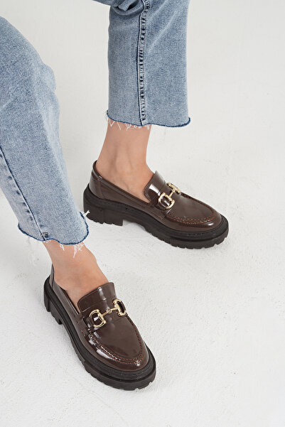 Beyond Kadın Kahverengi Rugan Gc Tokalı Kalın Taban Loafer Makosen Ayakkabı 4,5cm BYNDLFRK02