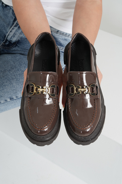 Beyond Kadın Kahverengi Rugan Yeni Gc Kalın Taban Loafer Makosen Ayakkabı 4,5cm BYNDLFRK02
