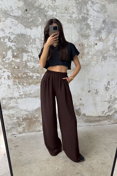 Trendyol Collection Brown Woven Trousers with Wide Leg and Elastic Waist - Twoss25Pl00041