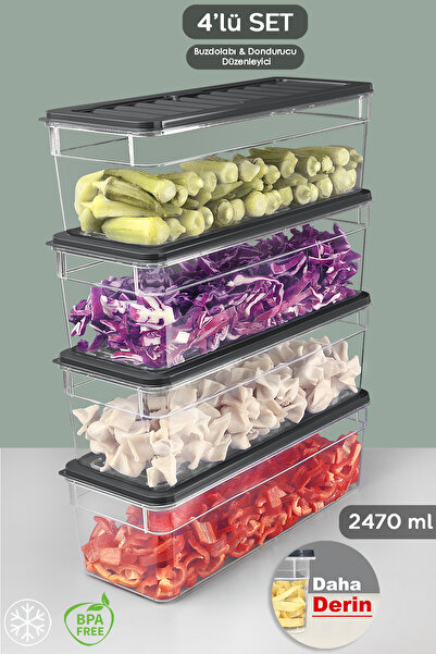 Meleni Home Set de 4 organizatoare pentru frigider adânc de culoare antracit - recipient pentru congelator cu microunde de 2470 ml