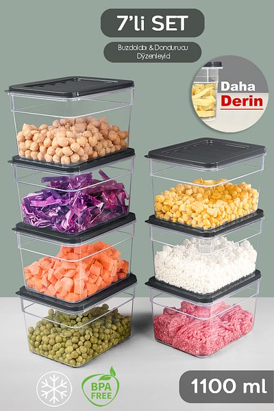 Meleni Home 7-Piece Anthracite Colored Deep Refrigerator Organizer Set - Microwave and Freezer Container 1100ml