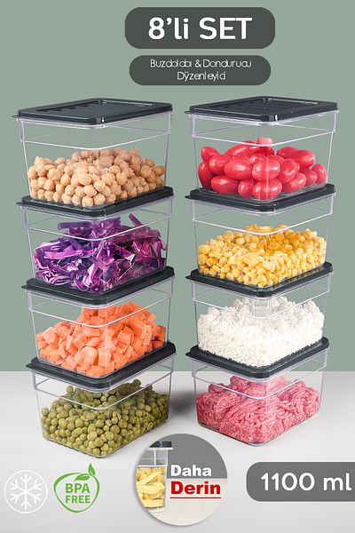 Meleni Home Microwave Compatible Organizer Set of 8 - Food Food Storage Container 1100ml Anthracite