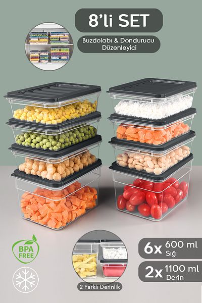 Meleni Home 8-Piece Anthracite Food Storage Set - Deep Shallow Refrigerator Organizer
