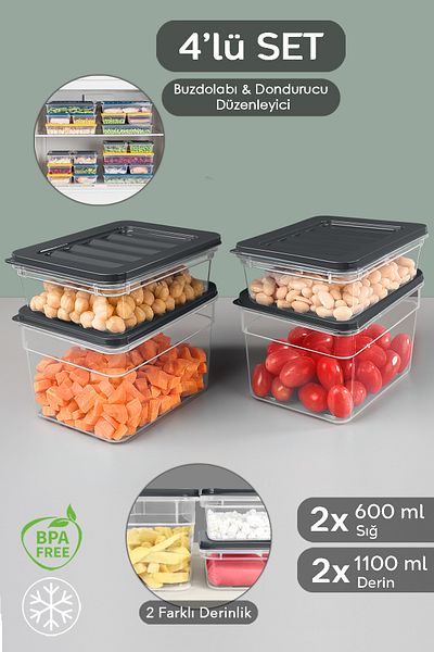 Meleni Home 4-Piece Anthracite Refrigerator Organizer Set - Deep and Shallow Microwave Freezer Container