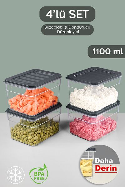 Meleni Home 4-Piece Anthracite Colored Deep Refrigerator Organizer Set - 1100ml Microwave Freezer Container