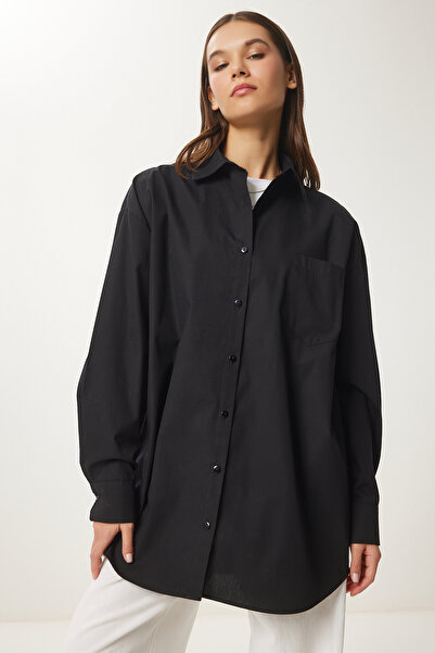 Happiness İstanbul Kadın Siyah Oversize Uzun Dokuma Gömlek BP00167