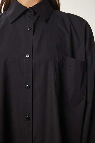 Happiness İstanbul Kadın Siyah Oversize Uzun Dokuma Gömlek BP00167
