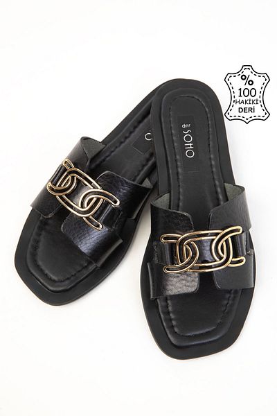 SOHO Black Genuine Leather Women's Slippers 20373