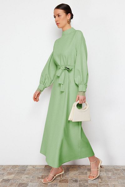 Trendyol Modest Λεπτομερές υφαντό φόρεμα με κολάρο χακί TCTSS24EB00174