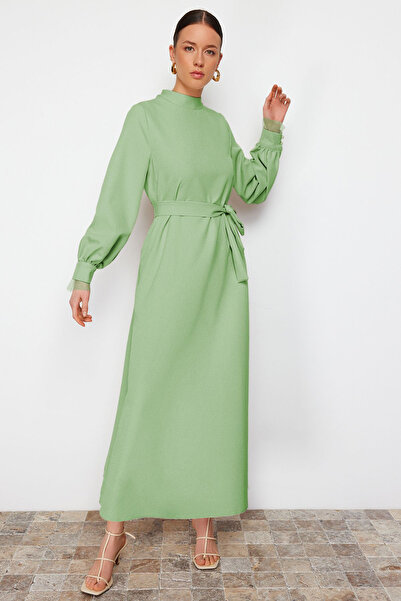 Trendyol Modest Khaki Stand Collar Sash Detail Woven Dress Tctss24Eb00174