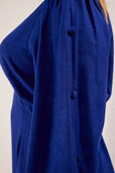 Trendyol Modest Large Size Navy Blue Unlined Jacquard Floral Woven Dresstctss25Eb00149