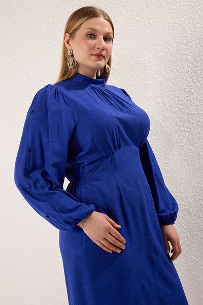 Trendyol Modest Large Size Navy Blue Unlined Jacquard Floral Woven Dresstctss25Eb00149