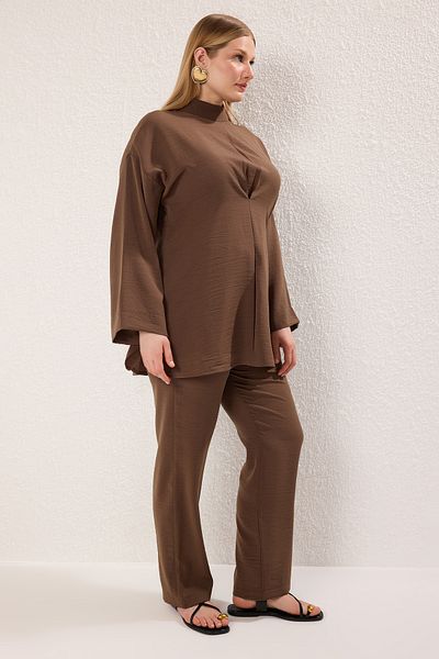 Trendyol Modest Large Size Smoked Akas Detailed Woven Bottom Top Suit Tctss25Us00048