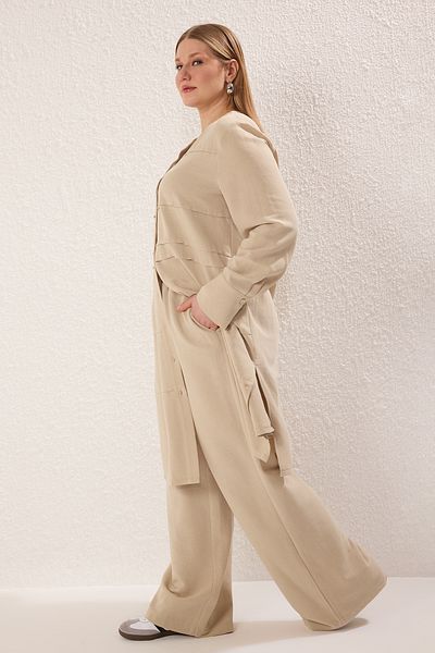 Trendyol Modest Large Size Beige Linen Look Buttoned Woven Bottom-Top Suit Tctss25Us00050